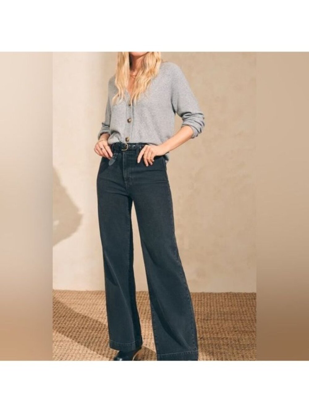 Faherty Organic Cotton Wide Leg Jeans in Washed Black Size 29